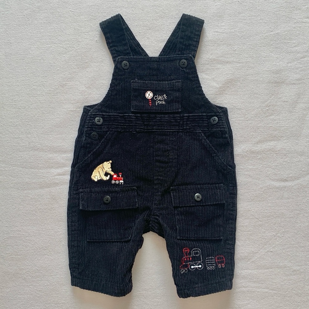2009 Disney Classic Pooh Railroad Trains Embroidered Black Corduroy Overalls 3M